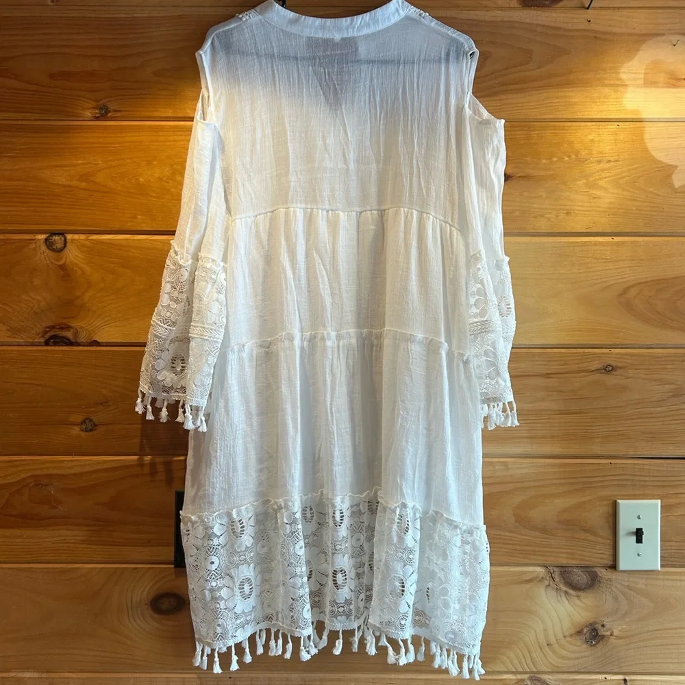White Boho Lace and Tassel Mini Dress xL - Picture 2 of 6